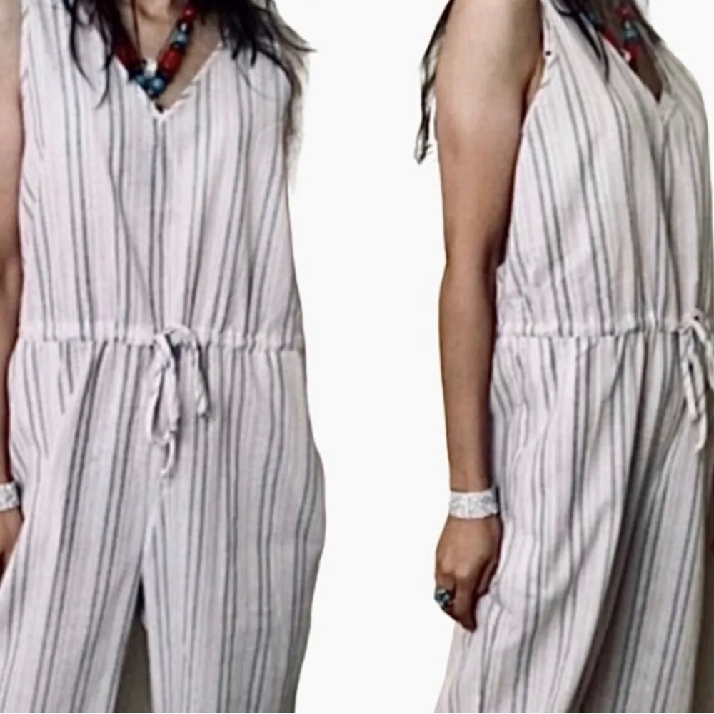 Drew Anthropologie Womens Medium Sleeveless Cropped Jumpsuit Striped Linen